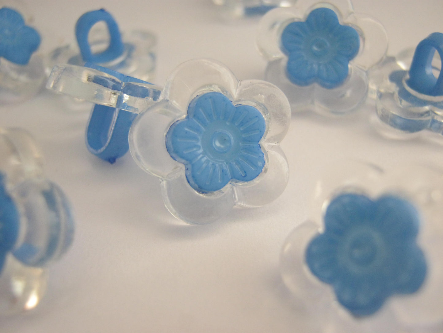 10 Blue Flower Shaped Buttons 15mm (5/8") Blue Shank Floral Buttons with Transparent Petals for Girls' Clothing