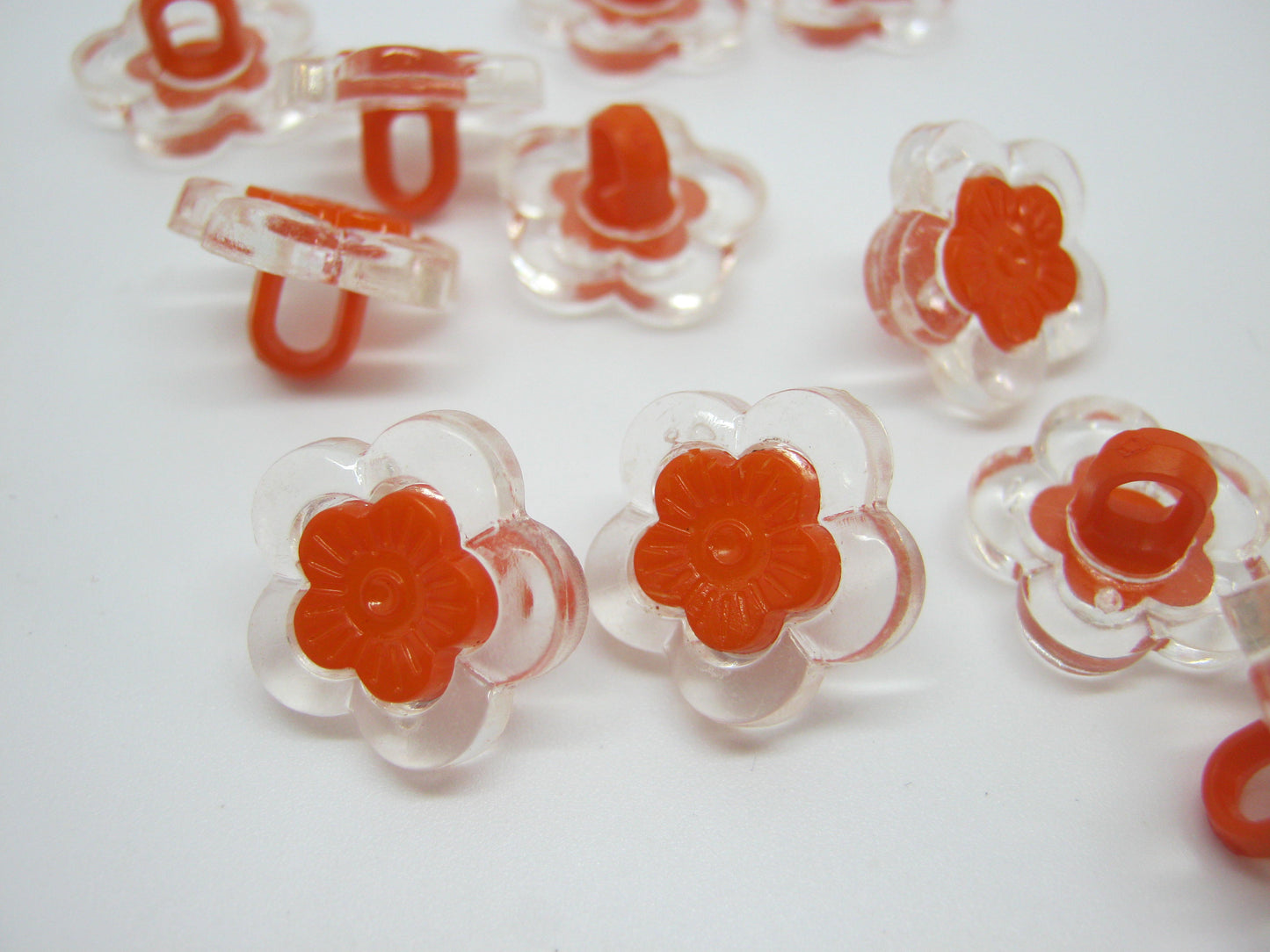 10 Orange Flower Shaped Buttons with Transparent Petals 15mm (5/8") Orange Shank Floral Buttons for Women's and Girls' Clothing