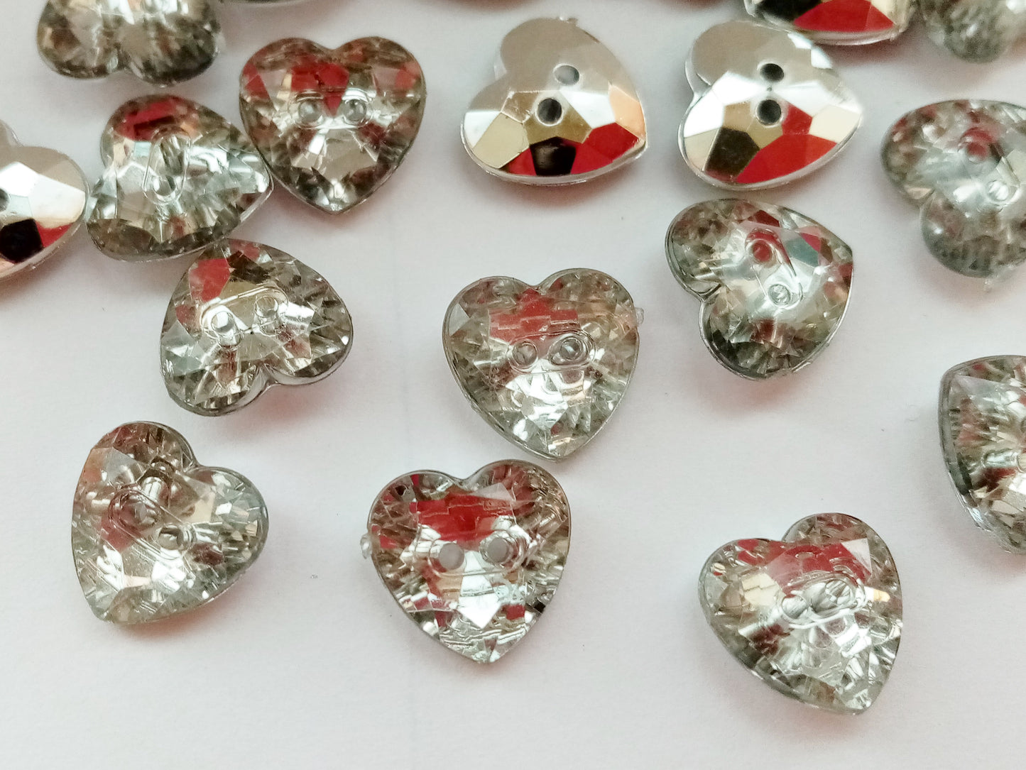 10 Silver Hearts Sewing Buttons 13mm (1/2") Acrylic Silver Backed Clear Crystal Hearts Sewing Buttons for Women's and Girls Clothing