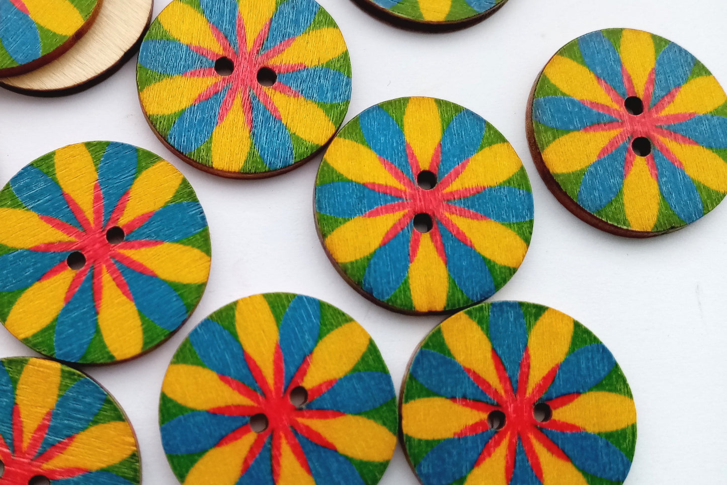 Wood Floral Buttons 25mm (1") Blue and Yellow Flower Sewing Buttons for Clothing and Crafts