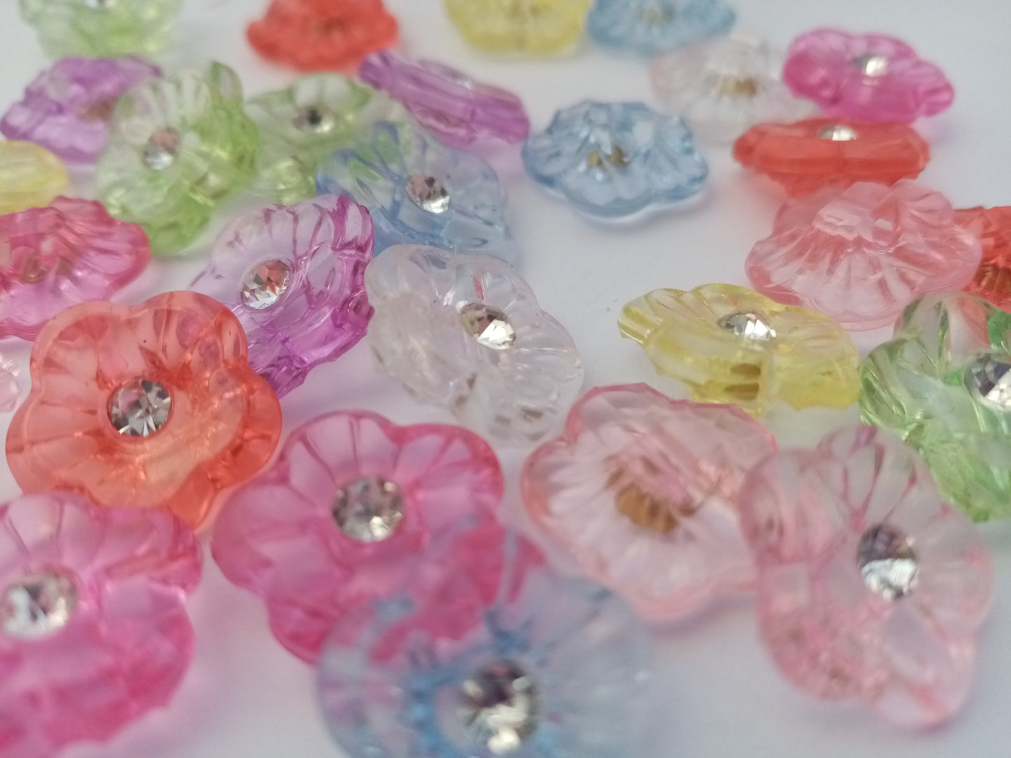 50 Flower Shaped Buttons with Rhinestone 15mm (5/8") Low Shank Back Acrylic Sewing Buttons - Choose colour or Mixed colours