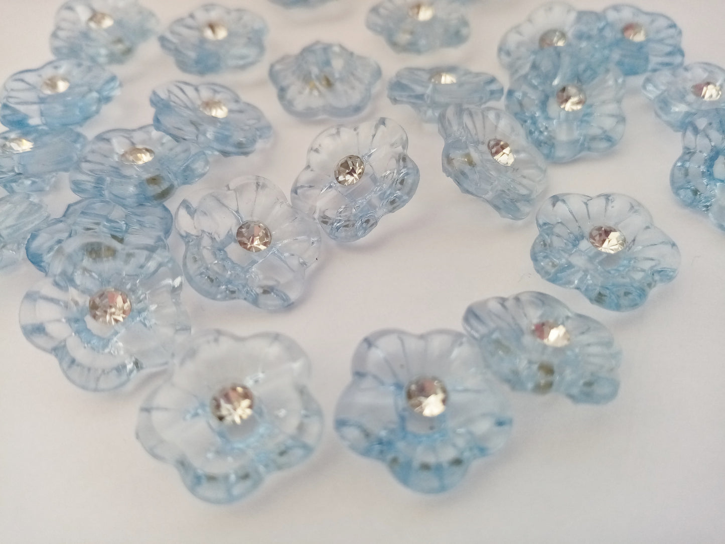 50 Flower Shaped Buttons with Rhinestone 15mm (5/8") Low Shank Back Acrylic Sewing Buttons - Choose colour or Mixed colours