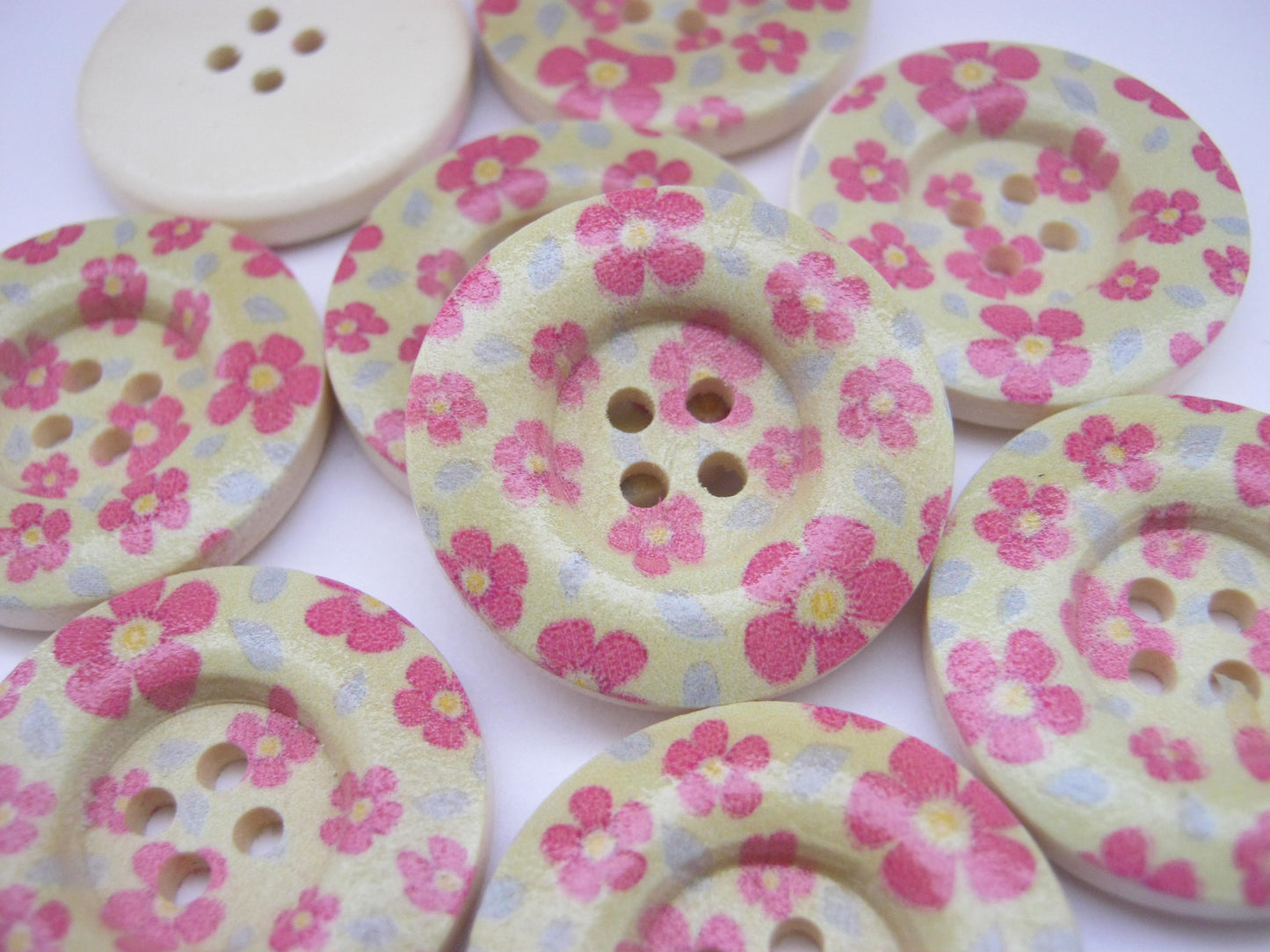 8 Green and Pink Floral Buttons 25mm (1") Wood Flower Sewing Buttons for Clothing and Crafts