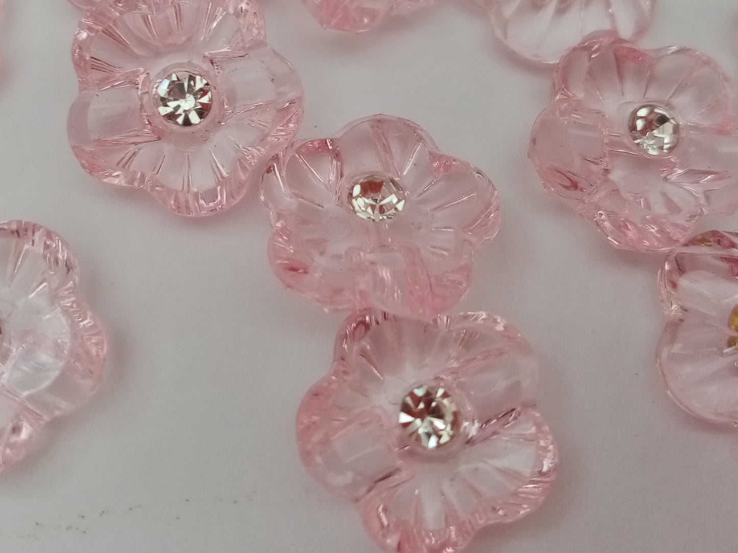 10 Flower Buttons with Sparkly Rhinestones 15mm (5/8") Flat Shank Acrylic Flower Shaped Sewing Buttons - Choose Colours