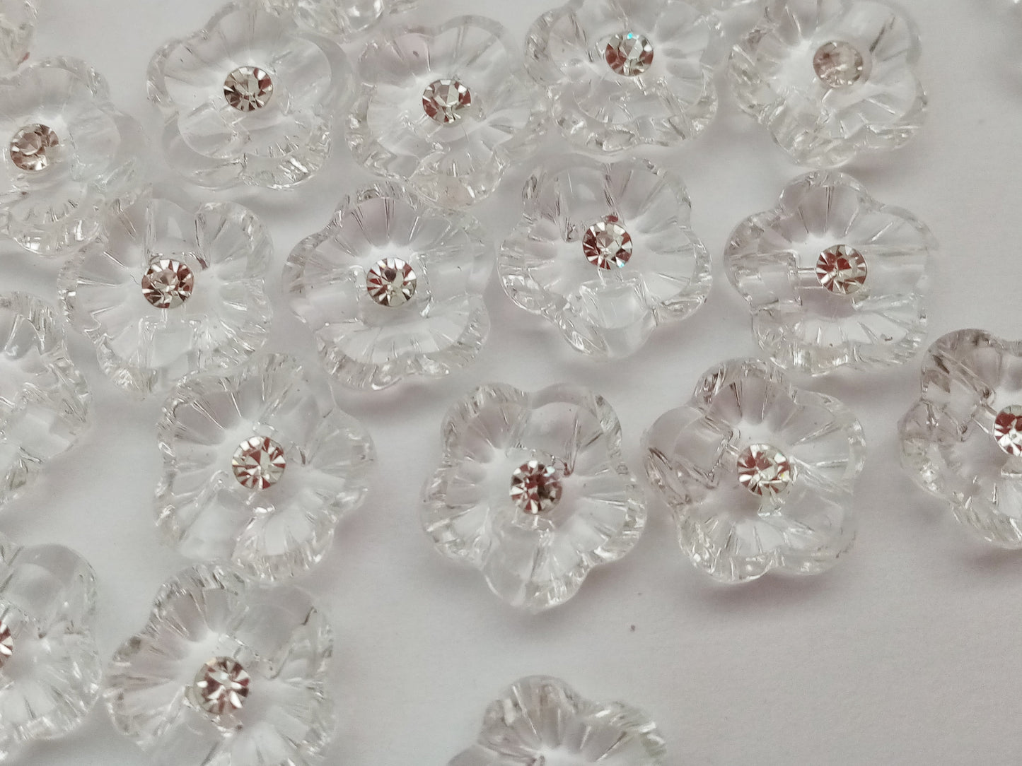 10 Flower Buttons with Sparkly Rhinestones 15mm (5/8") Flat Shank Acrylic Flower Shaped Sewing Buttons - Choose Colours