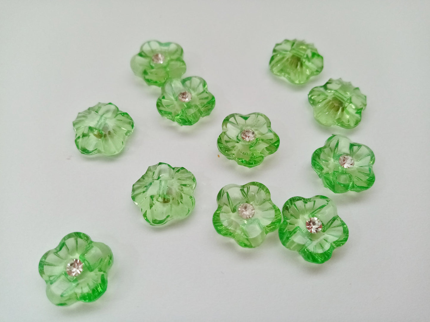 10 Flower Buttons with Sparkly Rhinestones 15mm (5/8") Flat Shank Acrylic Flower Shaped Sewing Buttons - Choose Colours