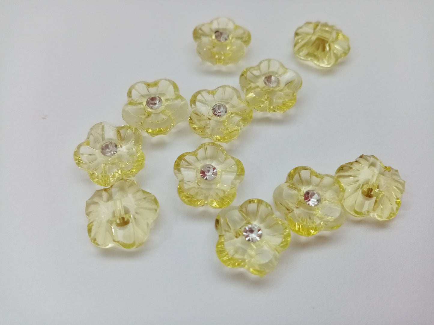 10 Flower Buttons with Sparkly Rhinestones 15mm (5/8") Flat Shank Acrylic Flower Shaped Sewing Buttons - Choose Colours