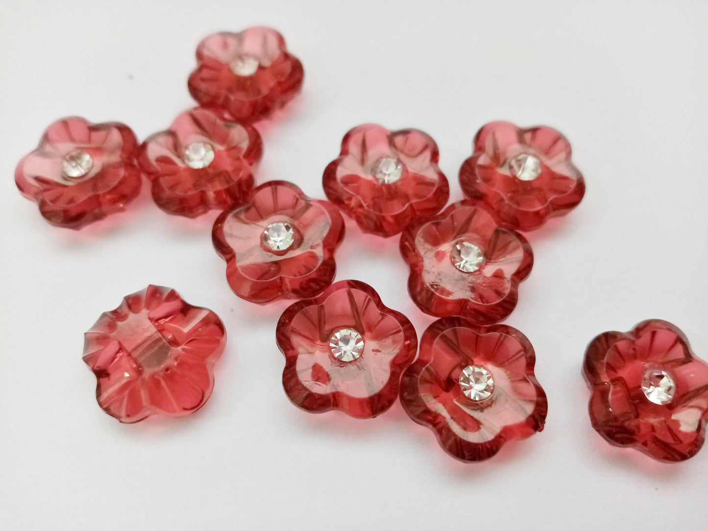 10 Flower Buttons with Sparkly Rhinestones 15mm (5/8") Flat Shank Acrylic Flower Shaped Sewing Buttons - Choose Colours