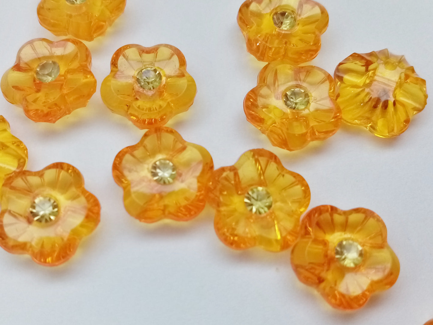 10 Flower Buttons with Sparkly Rhinestones 15mm (5/8") Flat Shank Acrylic Flower Shaped Sewing Buttons - Choose Colours
