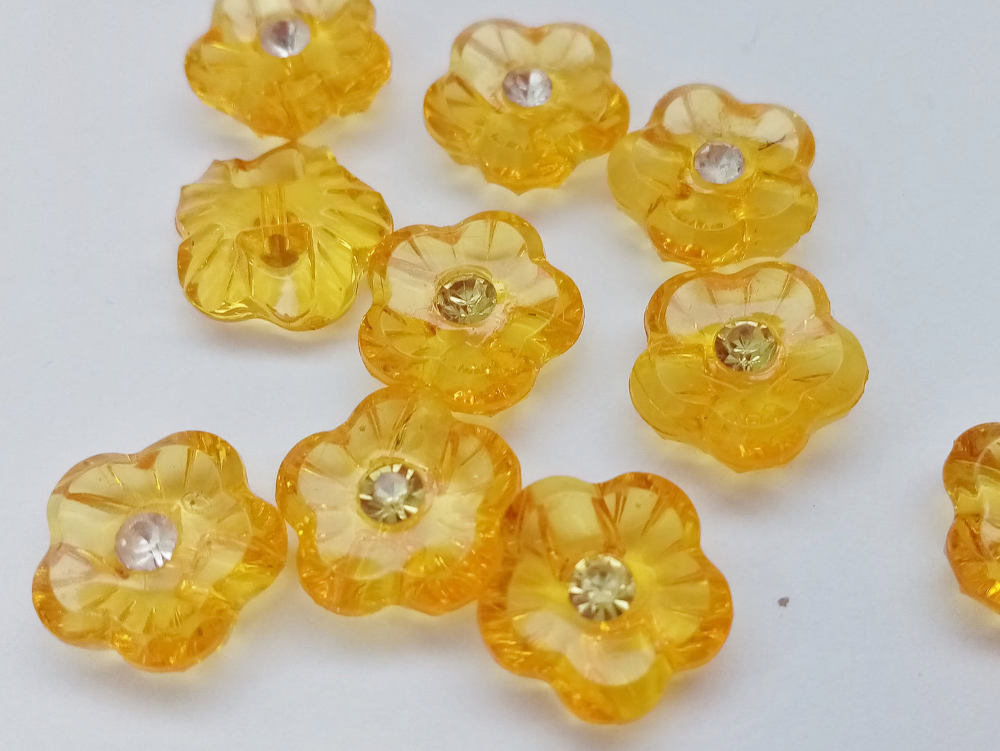 10 Flower Buttons with Sparkly Rhinestones 15mm (5/8") Flat Shank Acrylic Flower Shaped Sewing Buttons - Choose Colours