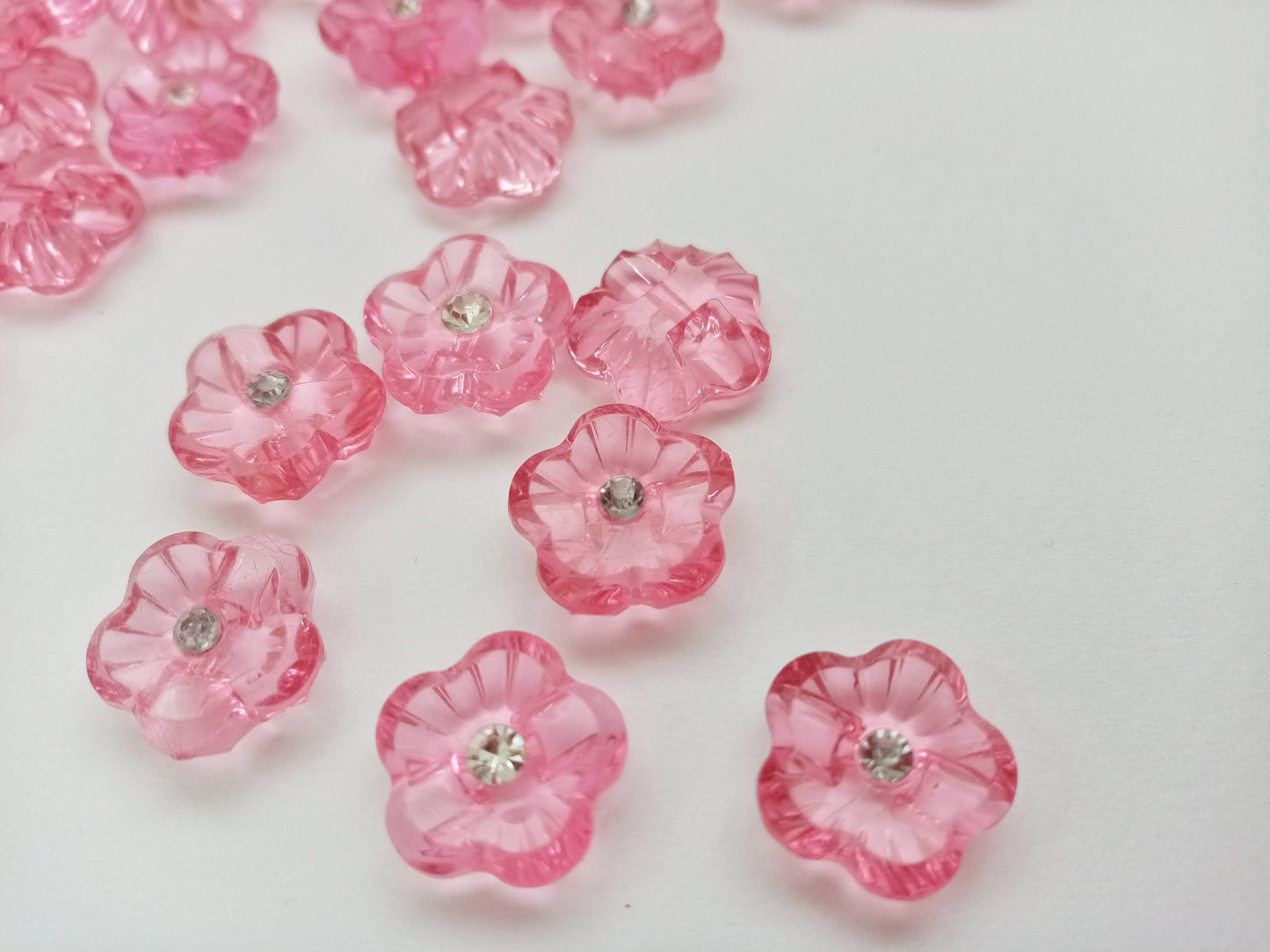 10 Flower Buttons with Sparkly Rhinestones 15mm (5/8") Flat Shank Acrylic Flower Shaped Sewing Buttons - Choose Colours