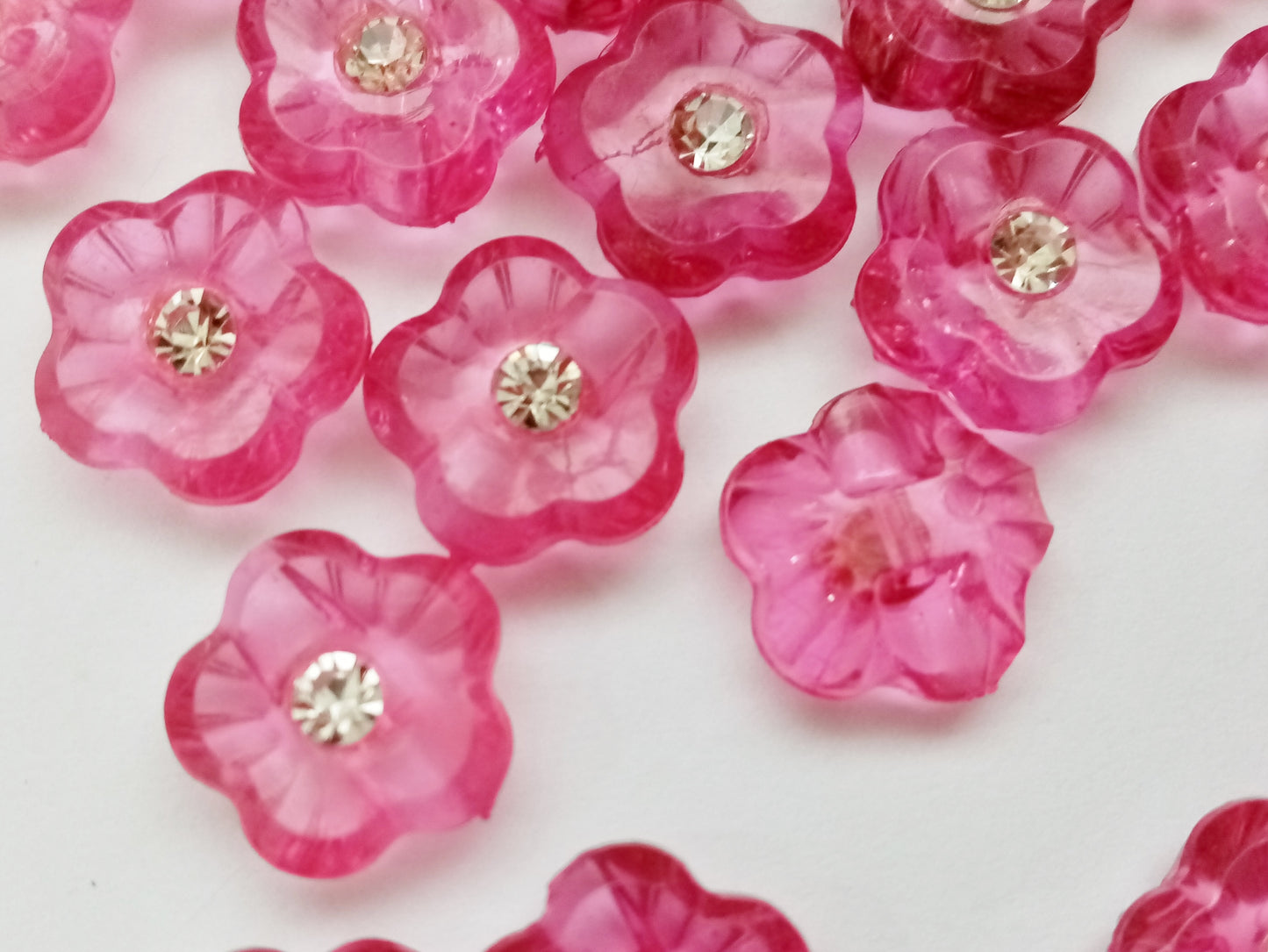 10 Flower Buttons with Sparkly Rhinestones 15mm (5/8") Flat Shank Acrylic Flower Shaped Sewing Buttons - Choose Colours