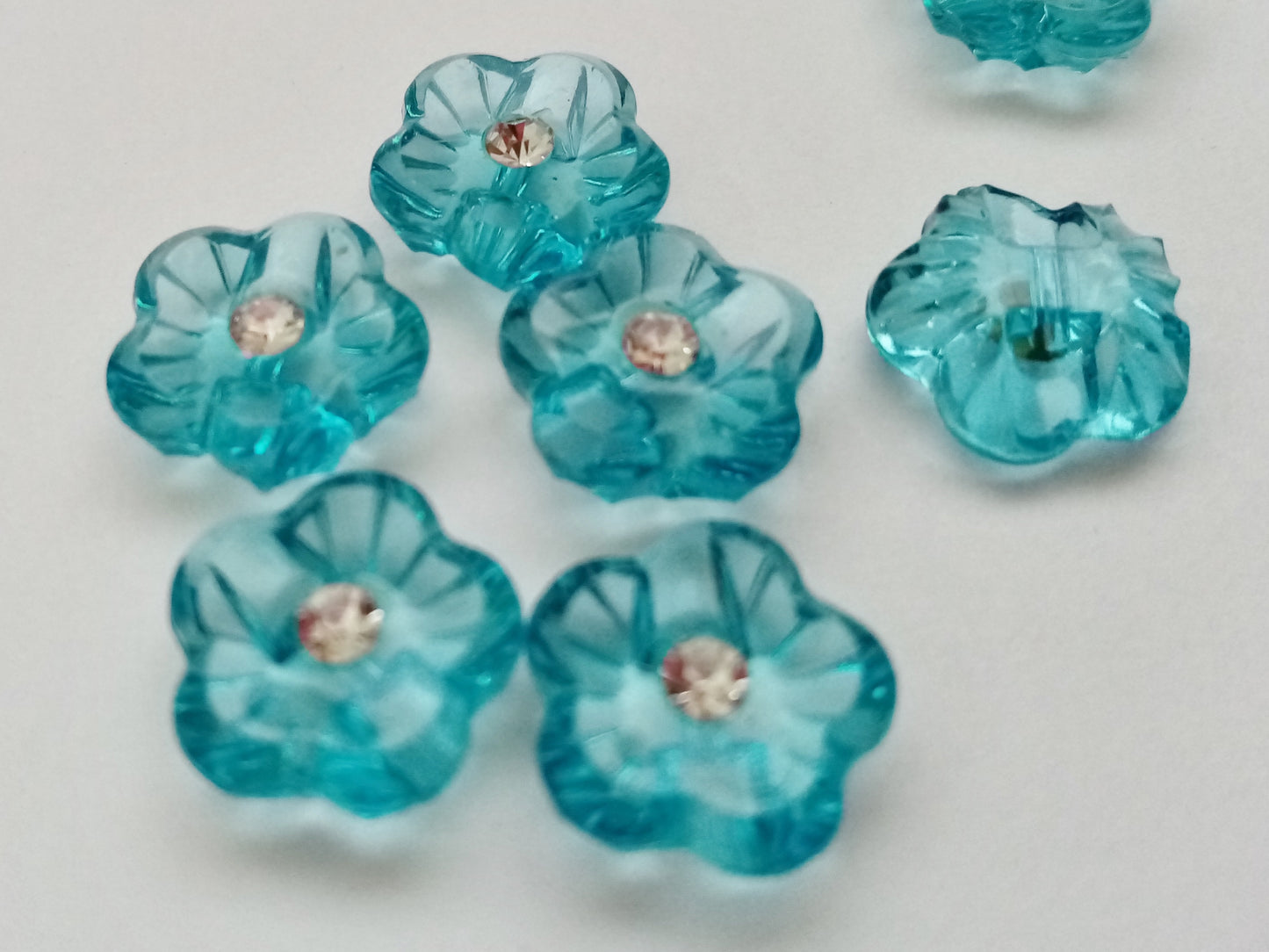 10 Flower Buttons with Sparkly Rhinestones 15mm (5/8") Flat Shank Acrylic Flower Shaped Sewing Buttons - Choose Colours