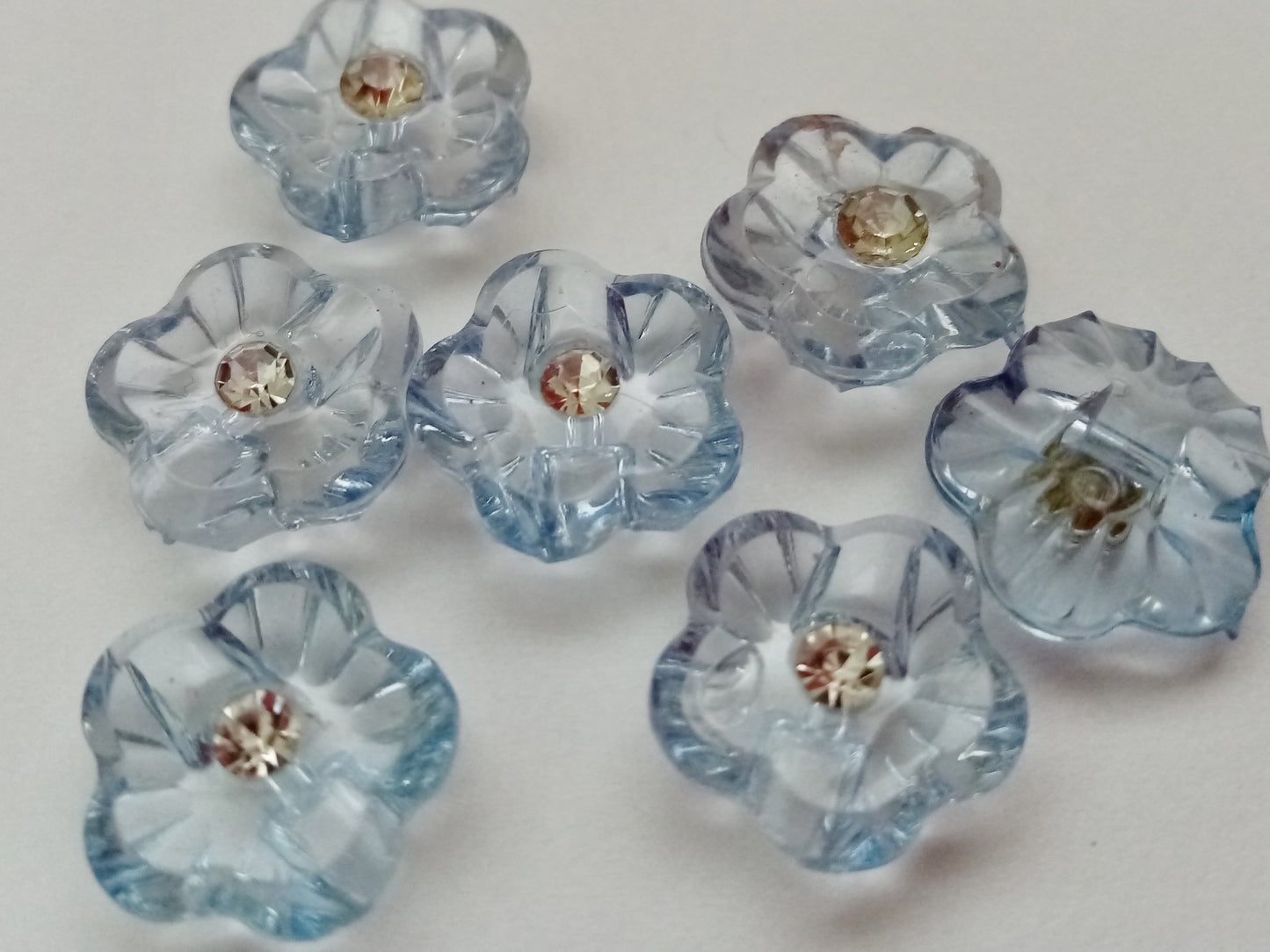 10 Flower Buttons with Sparkly Rhinestones 15mm (5/8") Flat Shank Acrylic Flower Shaped Sewing Buttons - Choose Colours