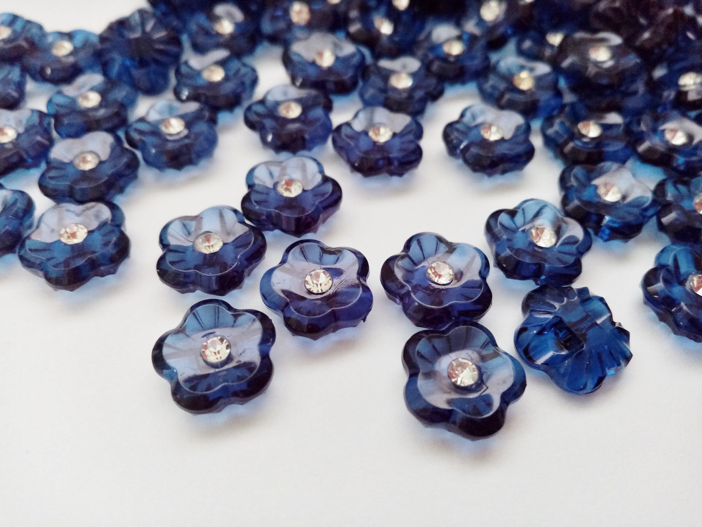 10 Flower Buttons with Sparkly Rhinestones 15mm (5/8") Flat Shank Acrylic Flower Shaped Sewing Buttons - Choose Colours