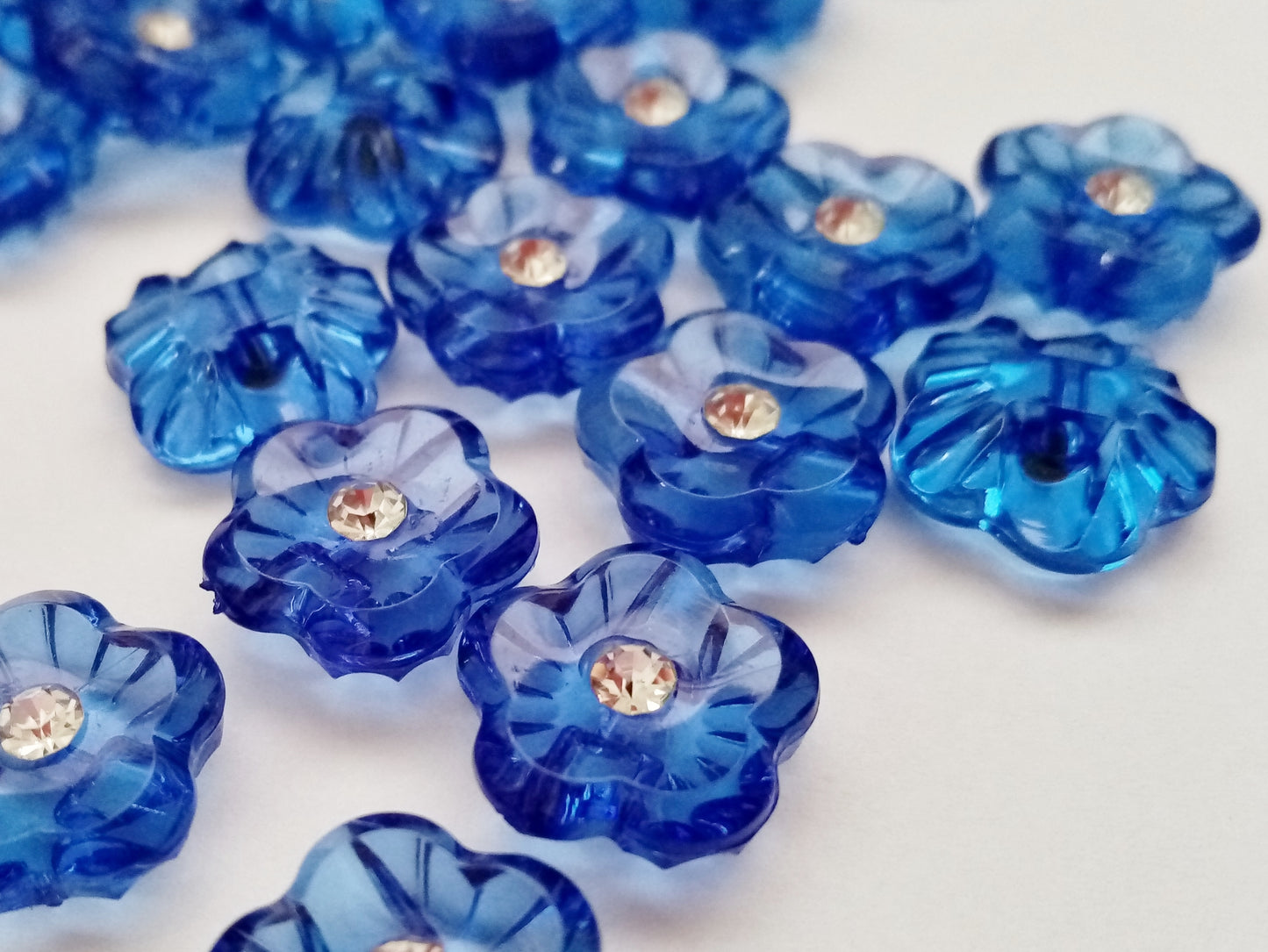 10 Flower Buttons with Sparkly Rhinestones 15mm (5/8") Flat Shank Acrylic Flower Shaped Sewing Buttons - Choose Colours