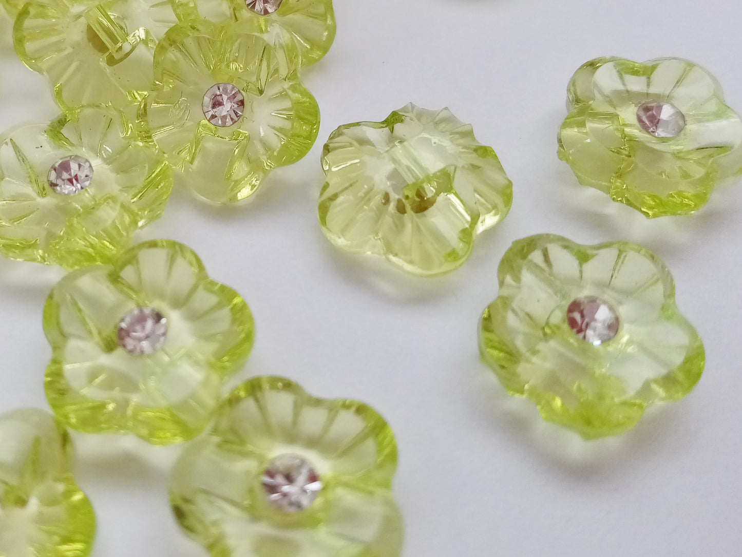 10 Flower Buttons with Sparkly Rhinestones 15mm (5/8") Flat Shank Acrylic Flower Shaped Sewing Buttons - Choose Colours