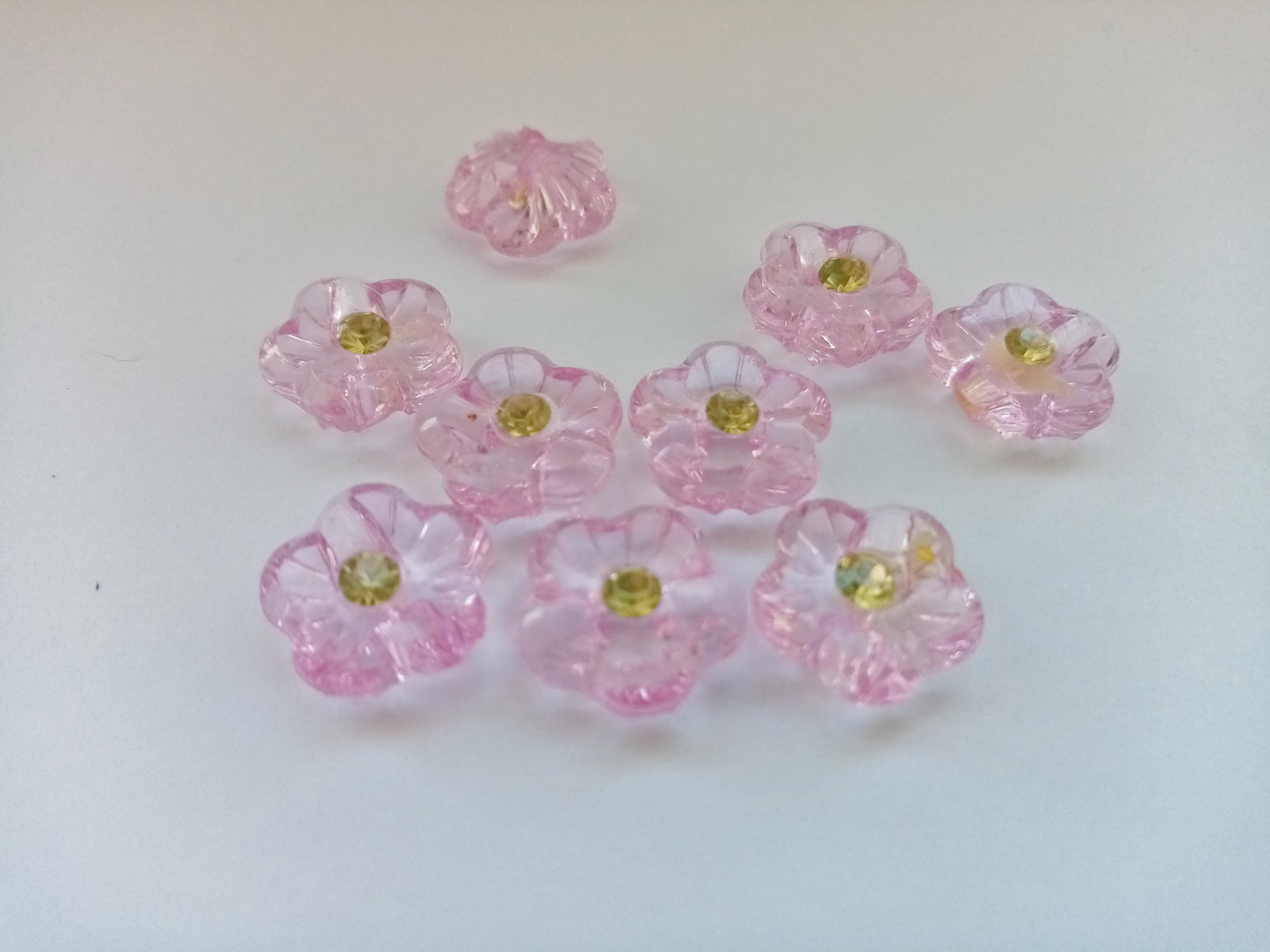 10 Flower Buttons with Sparkly Rhinestones 15mm (5/8") Flat Shank Acrylic Flower Shaped Sewing Buttons - Choose Colours