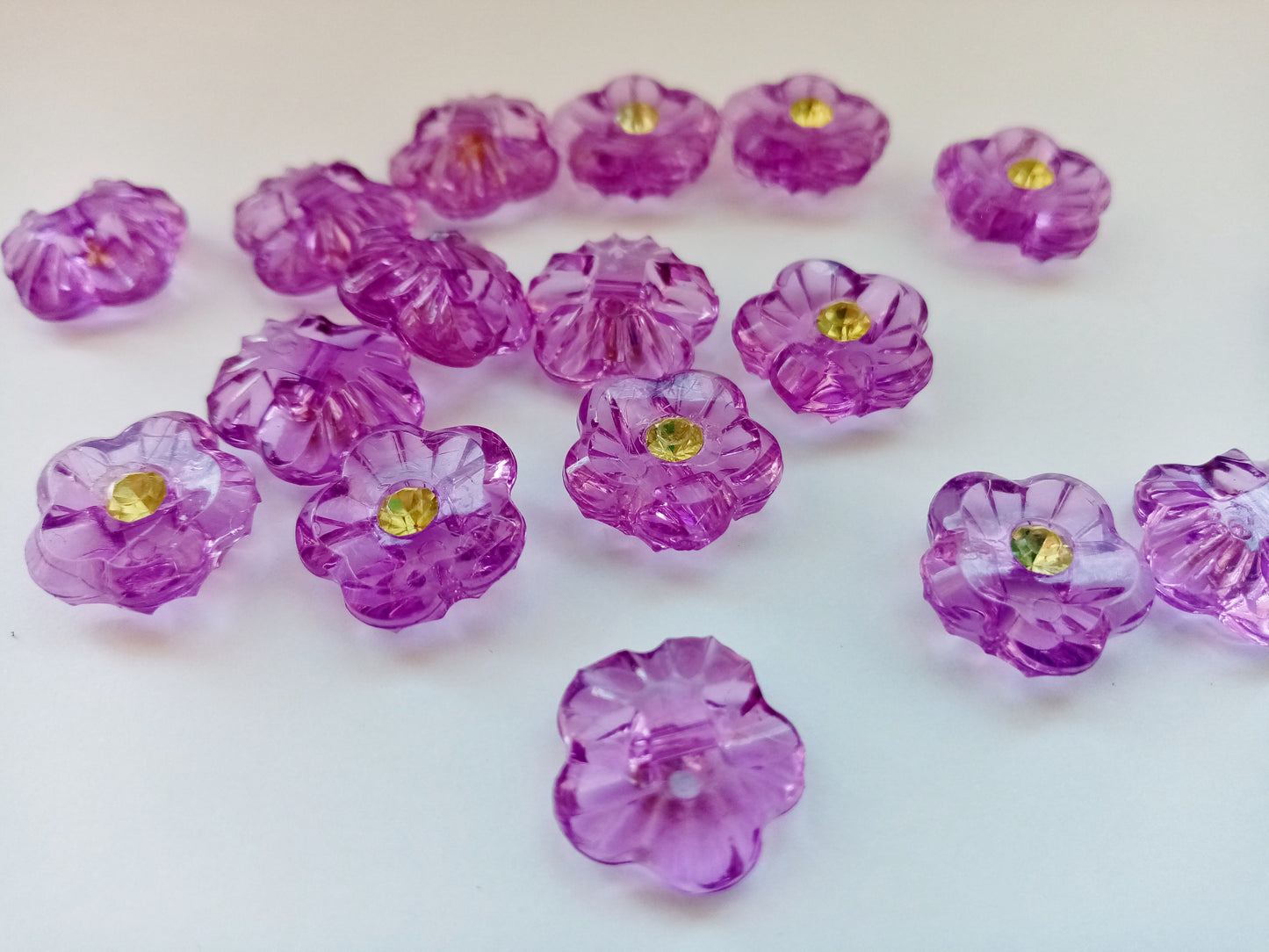 10 Flower Buttons with Sparkly Rhinestones 15mm (5/8") Flat Shank Acrylic Flower Shaped Sewing Buttons - Choose Colours