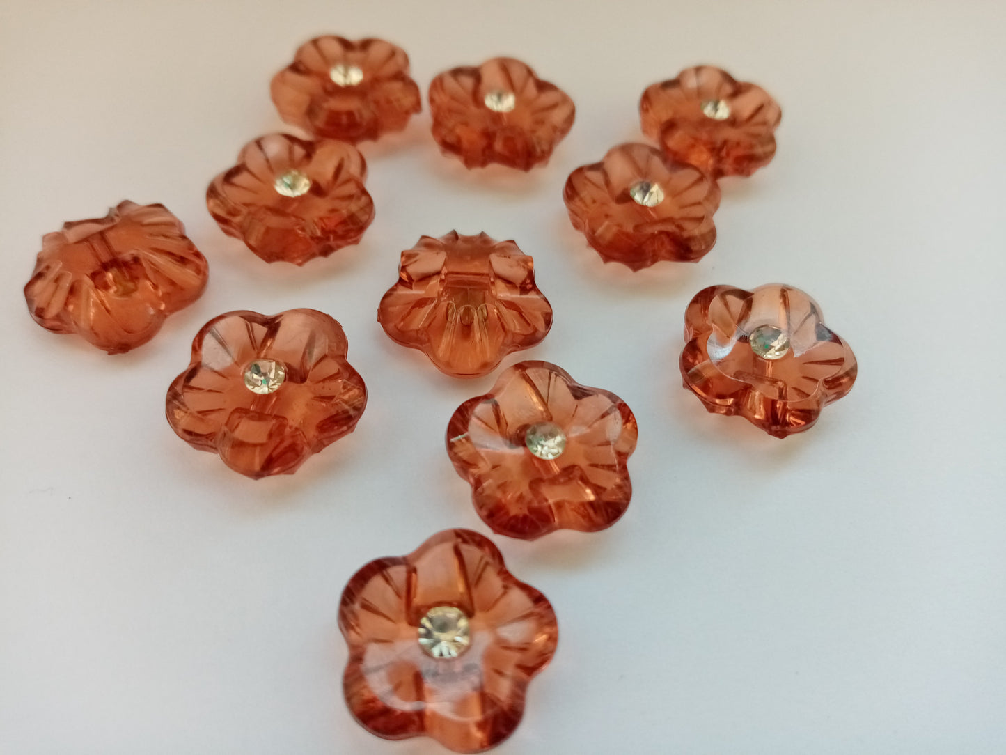 10 Flower Buttons with Sparkly Rhinestones 15mm (5/8") Flat Shank Acrylic Flower Shaped Sewing Buttons - Choose Colours