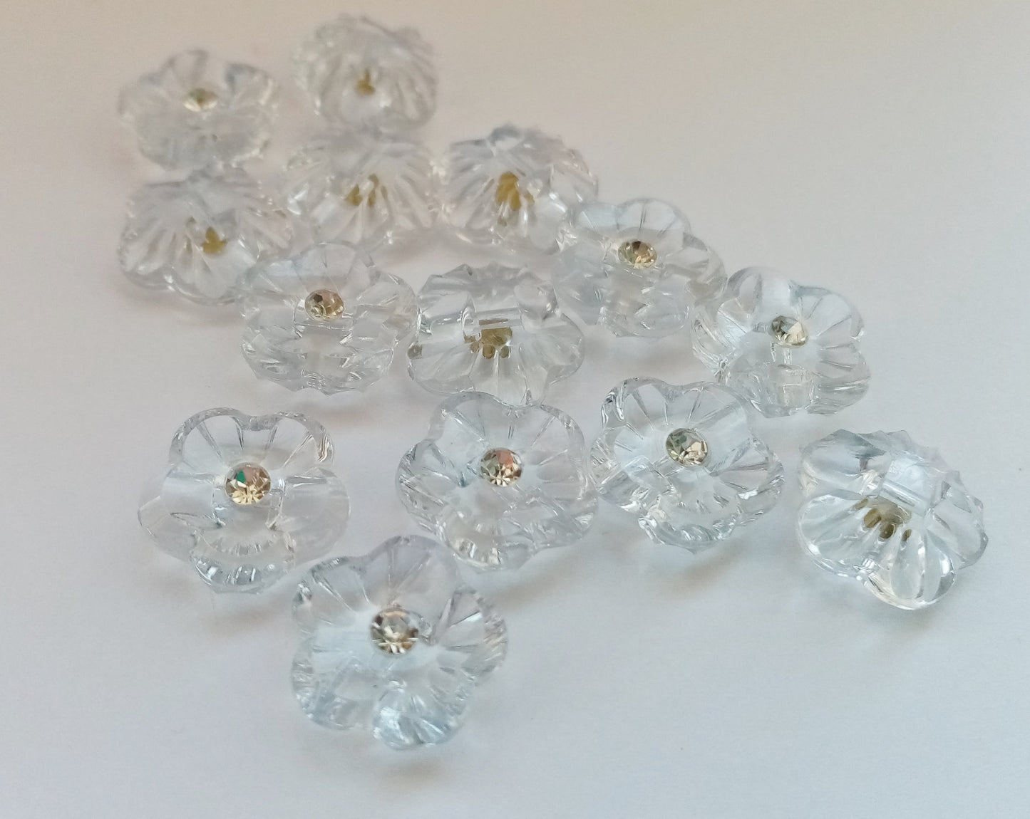 10 Flower Buttons with Sparkly Rhinestones 15mm (5/8") Flat Shank Acrylic Flower Shaped Sewing Buttons - Choose Colours