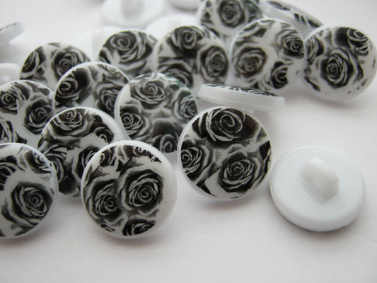 10 Black Rose Buttons 13mm (1/2") Black and White Small Flower Shank Buttons for Women's clothing