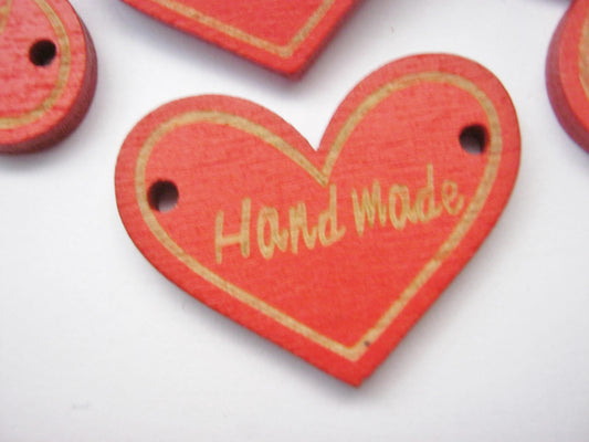 10 Large Red Heart Buttons with "Handmade" imprint 30mm (1 1/8") Wood Heart Buttons for Valentine's Day Clothing and Crafts