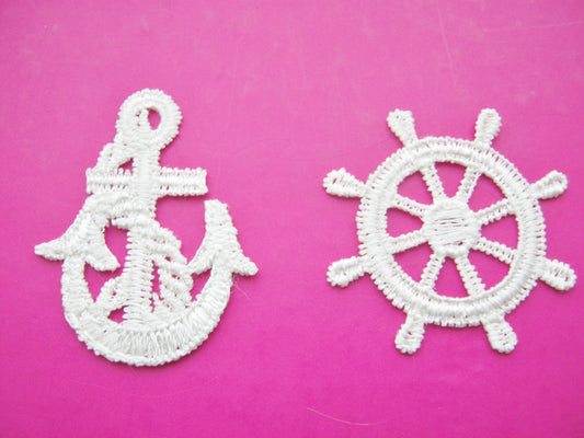 10 Nautical Sew On Appliques, Off White Embroidered Anchor or Ship's Wheel for Summer Sailor Clothing