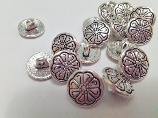 10 Silver Flower Metal Buttons 12mm (1/2") Silver Shank Sewing Buttons