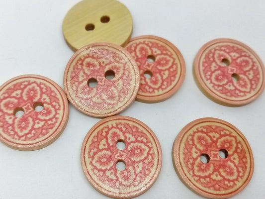 6 Red Flower Sewing Buttons 25mm (1") Wooden Floral Buttons for Clothing, Knitting, Crochet and Crafts