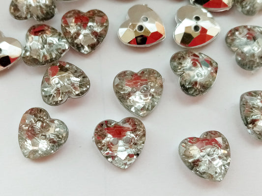 10 Silver Hearts Sewing Buttons 13mm (1/2")  Acrylic Silver Backed Clear Crystal Hearts Sewing Buttons for Women's and Girls Clothing