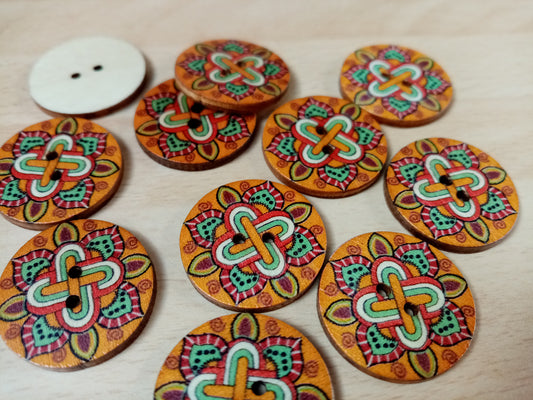 10 Multicoloured Patterned Buttons 25mm (1") Aztec Style Wood Sewing Buttons for Clothing & Focal Buttons for  Crafts