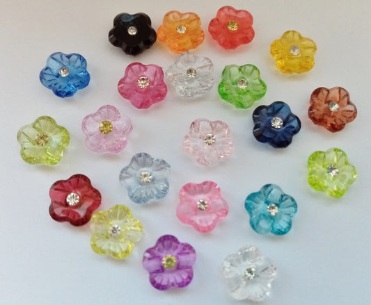 10 Flower Buttons with Sparkly Rhinestones 15mm (5/8") Flat Shank Acrylic Flower Shaped Sewing Buttons - Choose Colours