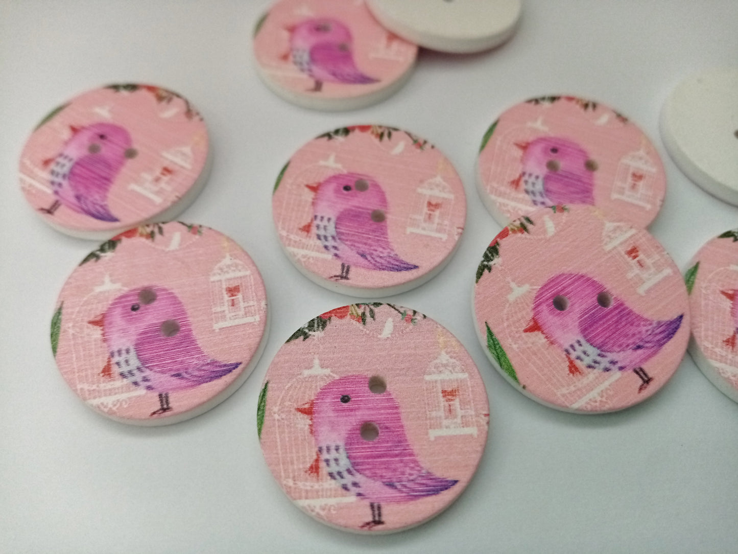 Pink Bird Buttons 25mm (1") Wooden Sewing Buttons with Bird for Clothing and Crafts