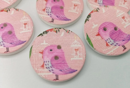 Pink Bird Buttons 25mm (1") Wooden Sewing Buttons with Bird for Clothing and Crafts