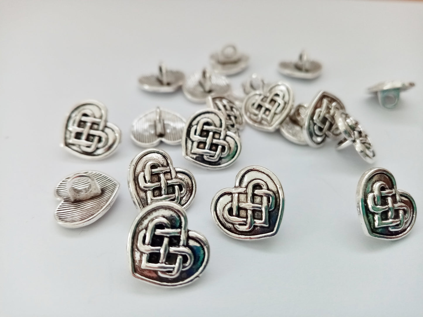 10 Metal Heart Buttons 15mm (5/8") Celtic Knot Shank Buttons for Clothing and Crafts