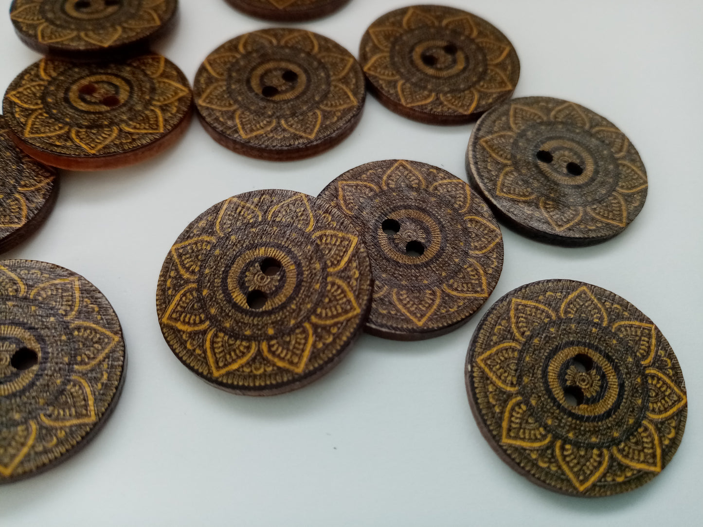 Black and Gold Wood Mandala Flower Buttons measuring 25mm or 1 inch