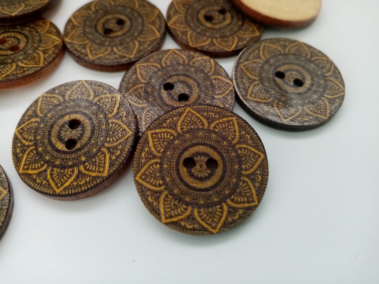 Black and Gold Wood Mandala Flower Buttons measuring 25mm or 1 inch