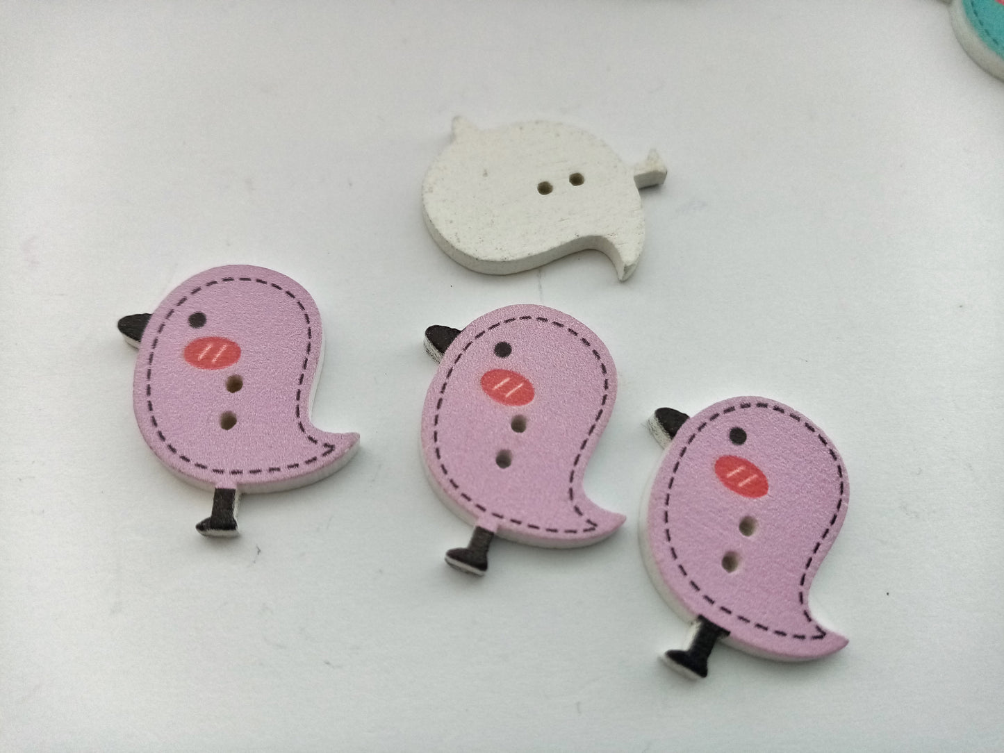 6 Bird Buttons 25mm (1") Choose Colour or Mixed Colours Wood Bird Sewing Buttons for Kids Clothes and Crafts