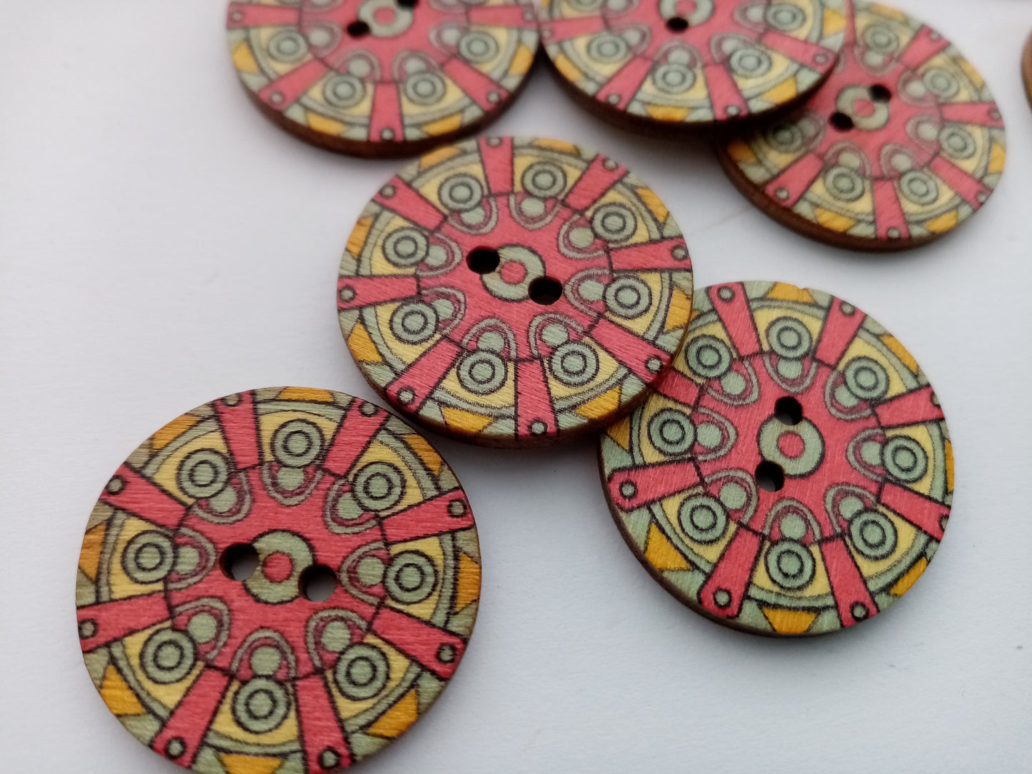 Multicolour Patterned Buttons 25mm 1 inch Wood Red Wheel Abstract Sewing Buttons for Clothing and Crafts