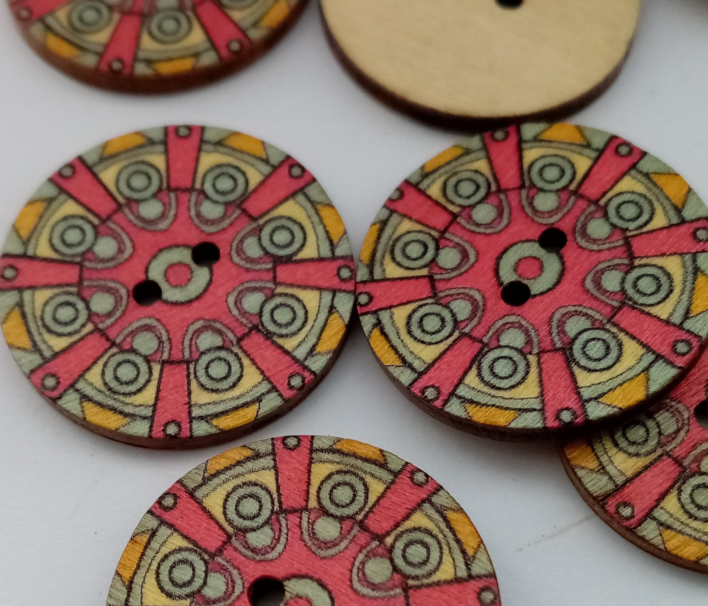 Multicolour Patterned Buttons 25mm 1 inch Wood Red Wheel Abstract Sewing Buttons for Clothing and Crafts