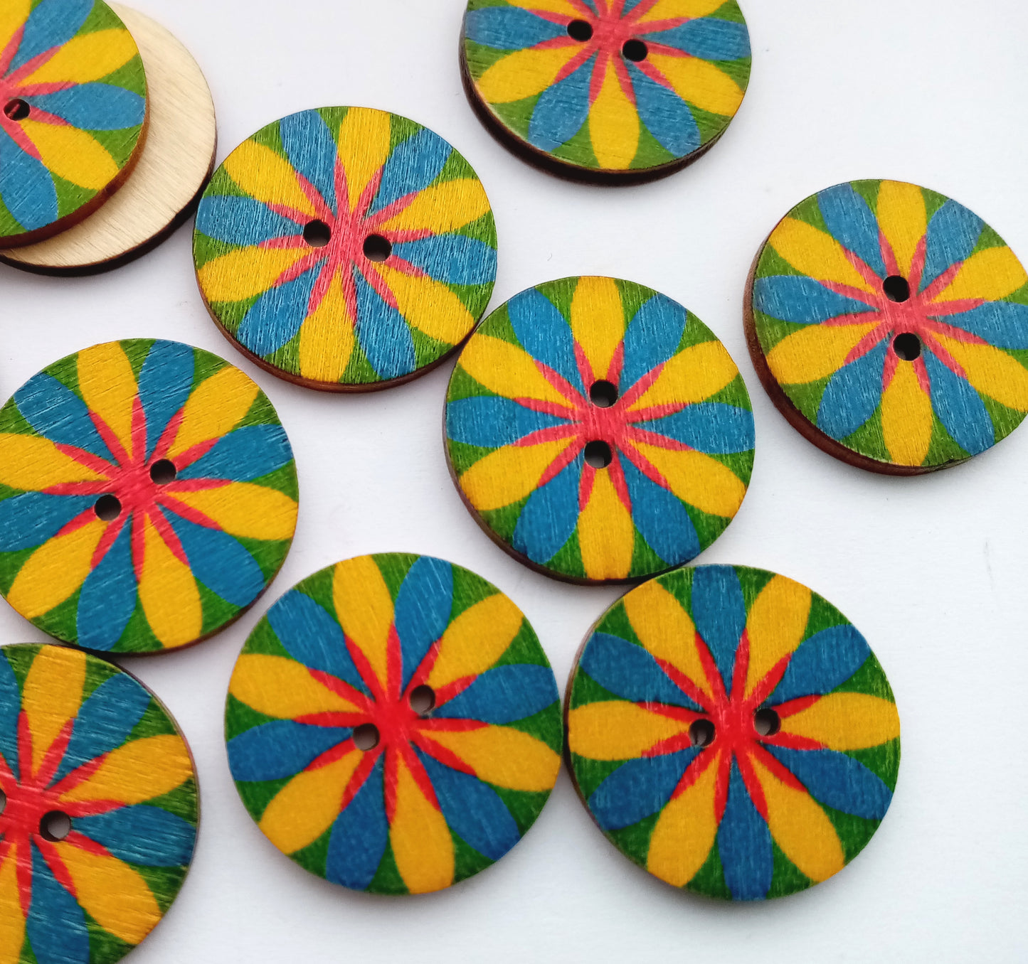 Wood Floral Buttons 25mm (1") Blue and Yellow Flower Sewing Buttons for Clothing and Crafts