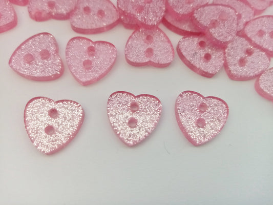 10 Pink Glitter Heart Buttons 13mm (1/2") Pink Heart Sewing Buttons for Baby and Girls Clothing