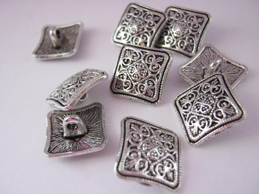 10 Metal Square Shank Buttons 12mm (1/2") Silver Floral Sewing Buttons for Coats, Jackets Clothing Accessories