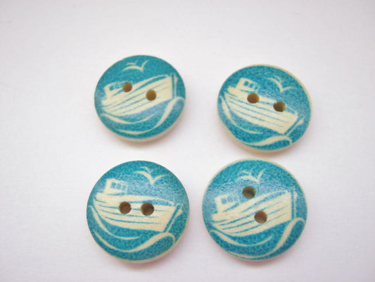 10 Ship Boat Buttons 15mm (5/8") Wooden Blue Nautical Sewing Buttons for Clothing and Crafts