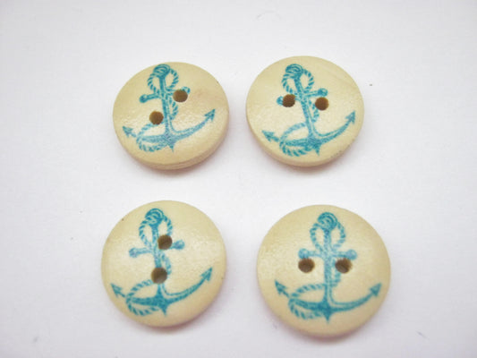 10 Anchor Buttons 15mm (5/8") Wooden Blue Nautical Sewing Buttons for Clothing and Crafts