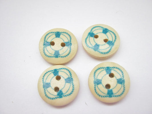 10 Lifebuoy Sewing Buttons 15mm (5/8") Wooden Blue Nautical Buttons for Clothing and Crafts