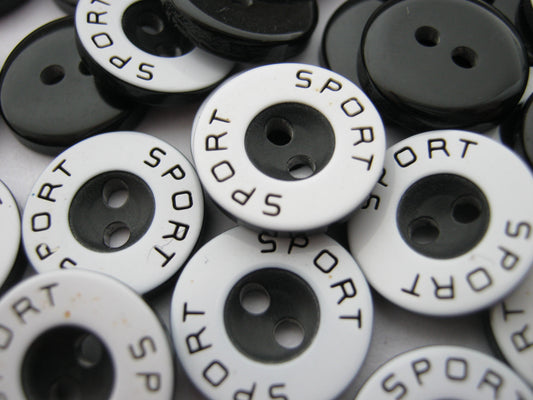 10 Sports Sewing Buttons 13mm (1/2") Black White Sportswear Shirt Buttons with Text Boys Sport Clothing Buttons