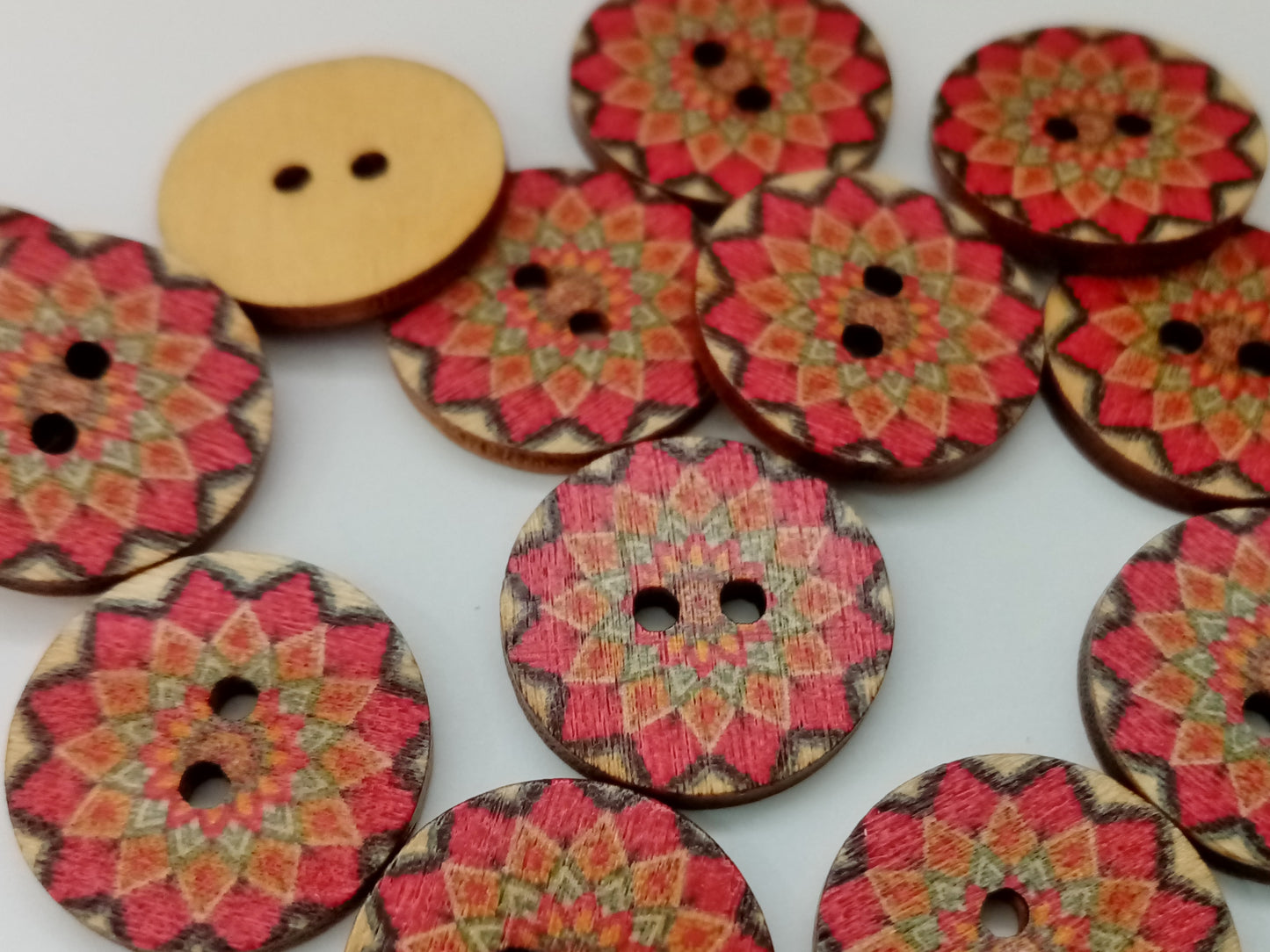 Red Mandala Buttons 20mm (3/4") Wood Red Abstract Patterned Sewing Buttons for Clothing or Focal Buttons for Crafts